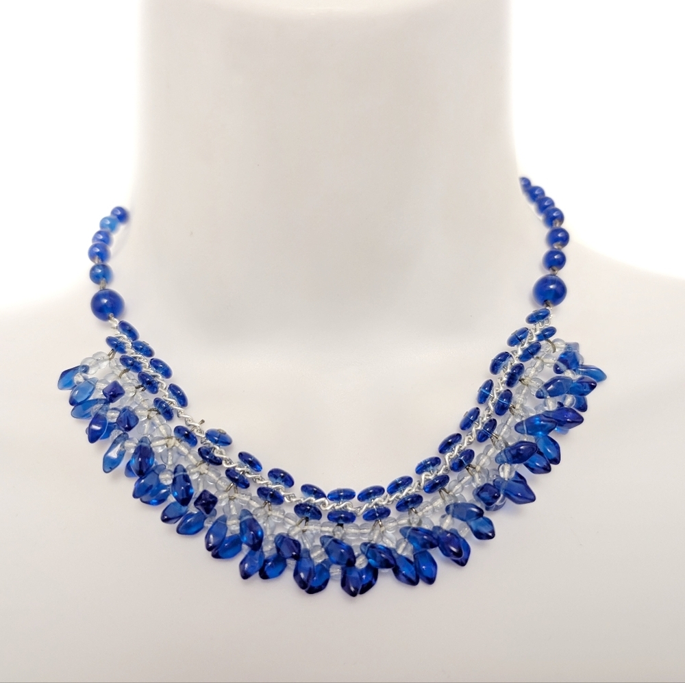 VINTAGE Cobalt Blue Necklace West Germany Glass Beaded Choker 1960s